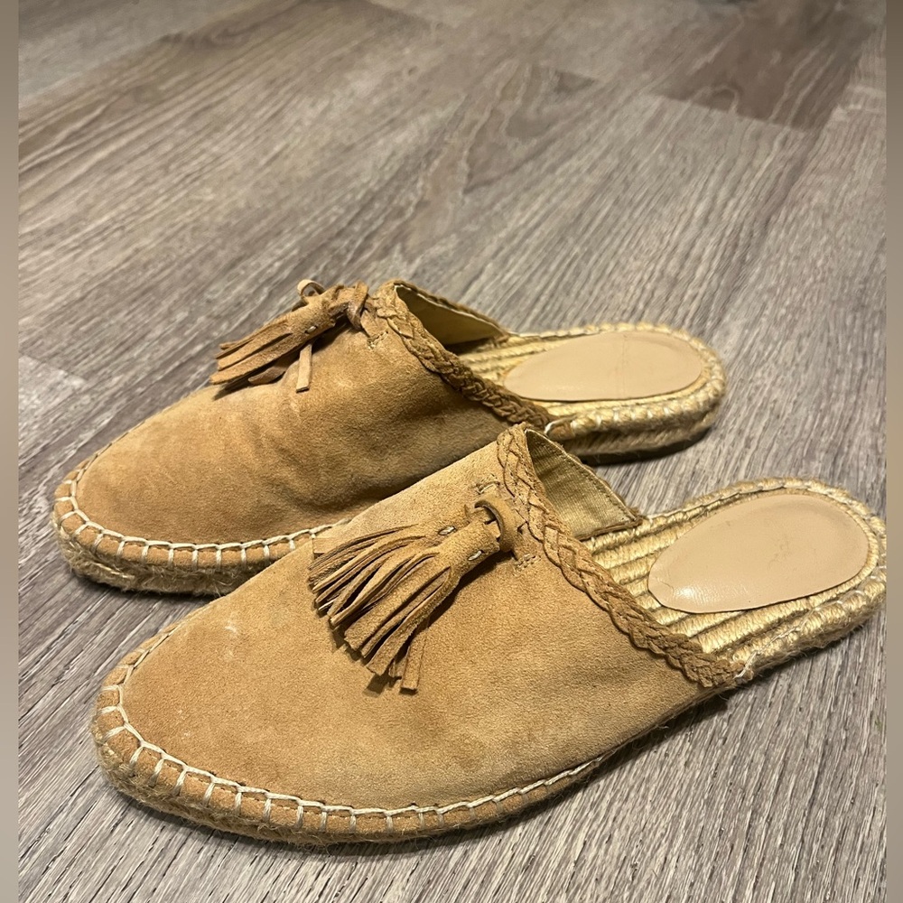 Tan Suede Tassel Espadrille Mules Joie $170 shoes slip on 37